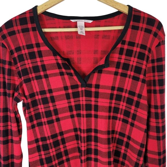 Victoria's Secret Plaid Pajama Set Red Black Medium Long Pants Thermal Waffle - Picture 3 of 15